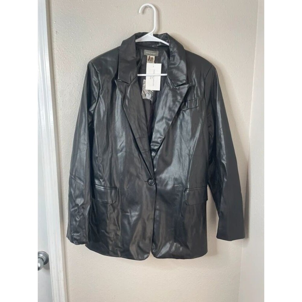 Sans Souci Black Faux Leather Blazer Jacket Women’s Large Oversized Moto Y2K